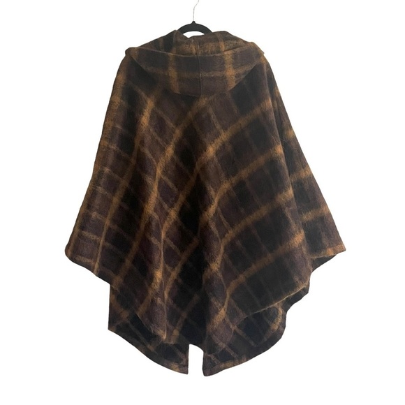 TERRAWARE Earth Aware Plaid Wool Cashmere Hooded Poncho Wrap Jacket Coat Brown M - Picture 9 of 11
